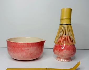 Handmade Blush Pink Ceramic Matcha Set: Handmade Bowl, Whisk, Spoon & Holder