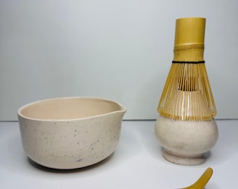 Handmade Beige Blue Splashy Ceramic Matcha Set with Spout and Whisk Holder