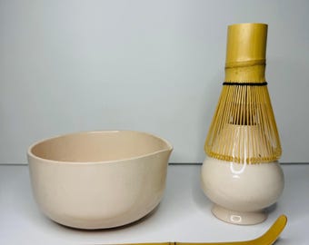 Handmade Beige Ceramic Matcha Set with Spout and Whisk Holder