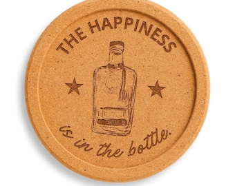 The Happiness Is in the Bottle Coaster Set – 4-Pack Cork Coasters, Laser Engraved Wine Lover Gift, Funny Bar or Table Decor
