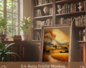 Mockup di cornice per biblioteca vintage: cornice decorata, download digitale PSD e JPG