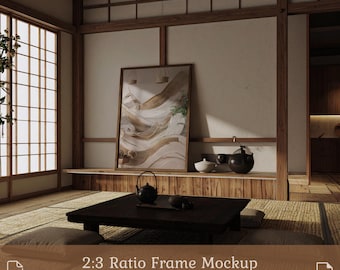 Wood Framed Japanese Style Mockup Living Room: Japandi Vertical 2x3 Ratio Size (PSD & JPG)