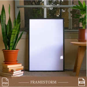 May include: A black framed blank poster leaning against a wall, with a stack of books and a potted plant to the left. Another potted plant sits on a small wooden table to the right. The text "FRAMESTORM" is at the bottom.