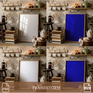 May include: A wooden framed poster with a white background is the focal point of this image. The poster is surrounded by decorative elements, including books, candles, coffee cups, and a French press. The text "FRAMESTORM" is at the bottom.
