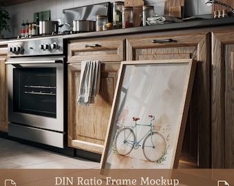 Kitchen Frame Mockup: Vertical Wood Frame, DIN Ratio (PSD & JPG Digital Download)