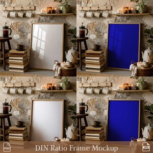 May include: A mockup featuring a large, empty picture frame with a light wood border. The frame is surrounded by coffee cups, books, candles, and a teapot, creating a cozy, rustic aesthetic. The text "DIN Ratio Frame Mockup" is at the bottom.