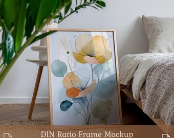 DIN A Bilderrahmen Mockup: Schiefer Holzrahmen im Schlafzimmer-Innenraum (PSD Vorlage, digitaler Download)