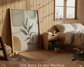 May include: A framed art print with a botanical design featuring green leaves and abstract shapes in muted tones. The artwork is displayed in a light wood frame, leaning against a wooden wall. The text "DIN Ratio Frame Mockup PSD & JPG" is visible.