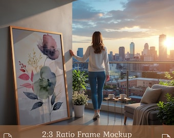 May include: A framed floral art print with a gold frame leans against a wall. The artwork features watercolor flowers in shades of pink, green, and blue. The text "2:3 Ratio Frame Mockup PSD & JPG" is at the bottom of the image.