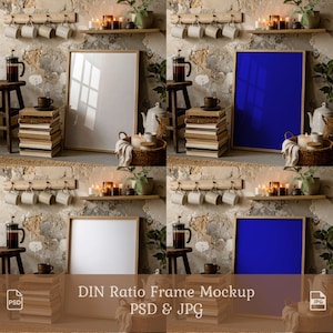 Può includere: Un mockup di cornice con rapporto DIN con cornice in legno, mostrato con sfondo bianco e blu. L'immagine è stilizzata con tazze da caffè, libri, candele e una caffettiera francese. Il testo "DIN Ratio Frame Mockup PSD & JPG" è in basso.