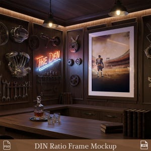 May include: A dimly lit room with a wooden bar and wall decor. The wall features a framed picture of a football player, vintage car parts, and a neon sign that reads "THE DEN". A decanter and glasses sit on the bar.