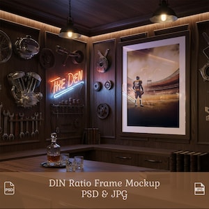 Könnte beinhalten: Ein Mockup eines gerahmten Drucks in einer Den-Umgebung. Der Raum verfügt über ein Neon-Schild mit der Aufschrift "The Den", Vintage-Motorradteile und einen Barbereich mit einer Karaffe und Gläsern. Der gerahmte Druck zeigt einen Footballspieler auf einem Feld.