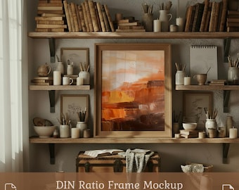 May include: A wooden framed abstract painting with orange and brown tones is displayed on a shelf. The shelf is part of a wall unit with other shelves holding books, candles, and art supplies. The image includes the text "DIN Ratio Frame Mockup PSD & JPG".