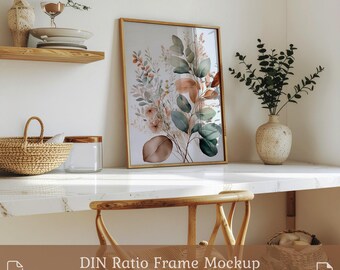 Kitchen Frame Mockup: Vertical Thin Wood Frame, DIN A Ratio (PSD & JPG Digital Download)
