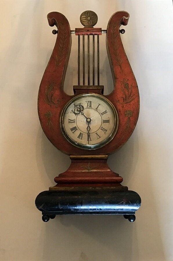 Antique Metal and Wood Large Lyre Style Clock - Battery Operated