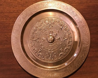 Vintage Heavy Copper 11” Plate with Mayan Calendar Embossed Design