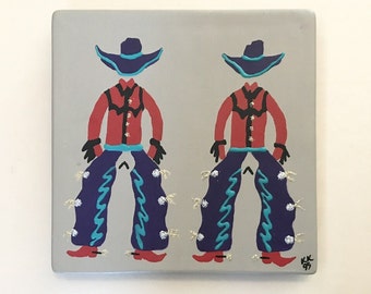 Twin Cowboy bemalte dekorative Fliese oder Untersetzer