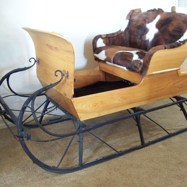 Vintage Rebuilt Antique Sleigh White Oak with Western Cowhide Seat