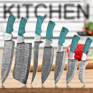 7 Pcs Handmade Damascus Steel Chef Set, Handmade Damascus Kitchen Knives, Chef Knives, Christmas Gifts, Birthday Gifts, Gifts For Him.