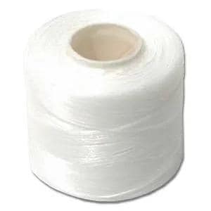 May include: A cylindrical spool of white thread wound tightly around a central core. The thread has a smooth, slightly reflective texture, and the spool features a hollow circular opening in the center, showing the inner cardboard tube structure.