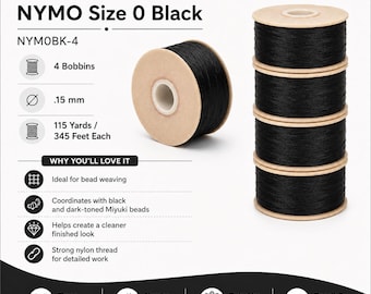 NYMO Nylon Beading Thread Size O Black Bobbins (115 Yards) X 4