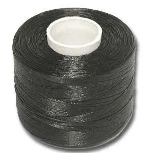 May include: A cylindrical spool of black thread wound tightly around a central white plastic core. The thread has a smooth, slightly reflective texture and is wrapped evenly from top to bottom, creating a solid black appearance on the spool.