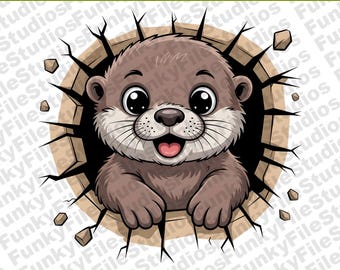 Cute Otter Clipart | 3D Wall Break Cartoon PNG | 300 DPI Digital Animal Download for Kids Sublimation Designs