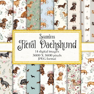 Puede incluir: Una colección de 14 patrones digitales sin costuras que presentan ilustraciones en acuarela de perros salchicha en varias poses, algunos con coronas de flores, intercalados con elementos botánicos, flores y hojas sobre diversos fondos.