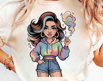 Stoner Girl PNG, Retro 420 Woman Sublimation, Tie Dye Hoodie Graphic, Cannabis Queen Streetwear, Hippie Girl Digital Art, Smoke Cloud PNG