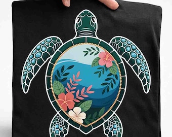 Sea Turtle PNG, Tropical Floral Turtle Sublimation, Ocean Life Shirt, Hibiscus Flower Turtle Design, Coastal Beach Apparel, Sea Life