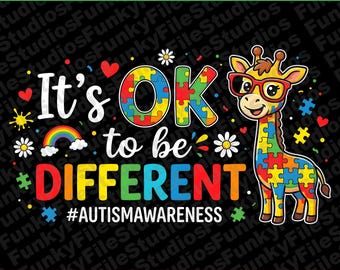It's Ok To Be Different Giraffe PNG Digital Download, Puzzle Giraffe Sublimation Design, Autism Awareness Clipart, Neurodiversity Printable