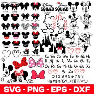 Op de afbeelding: Een verzameling zwart-wit Disney-thema graphics, waaronder Mickey Mouse en Minnie Mouse silhouetten, strikken, kasteel illustraties en de tekst "Disney Squad 2026". Bevat ook letters, cijfers en symbolen.