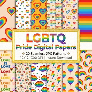Pacchetto di carte digitali LGBTQ Pride, 20 carte per scrapbooking arcobaleno senza soluzione di continuità, motivo Gay Pride, sfondo stampabile "Love Is Love", download immediato.