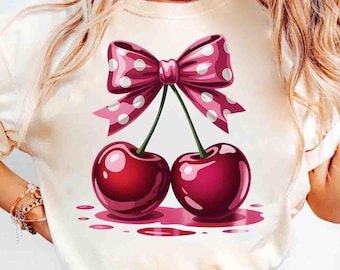 Cherry Bow PNG, Cute Red Cherries with Pink Polka Dot Bow, Coquette Aesthetic Sublimation, Tumbler Shirt Design PNG
