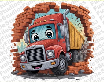 Cartoon Red Dump Truck Clipart | Digital Download | Break 3D Wall PNG | Cute Kids Room Decor | Instant Art File