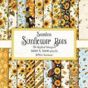 Op de afbeelding: Een collectie van twintig digitale naadloze patronen met zonnebloemen en bijen. De centrale tekst luidt Seamless Sunflower Bees, 20 digital images, 3600 X 3600 pixels, JPEG format, omlijst door een gouden rand.