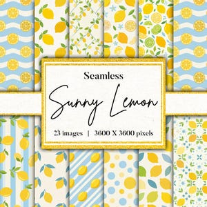 May include: A digital collection of 23 seamless patterns featuring yellow lemons, green leaves, and blue accents on various backgrounds including stripes, waves, and polka dots. The central text reads Seamless Sunny Lemon 23 images 3600 X 3600 pixels.