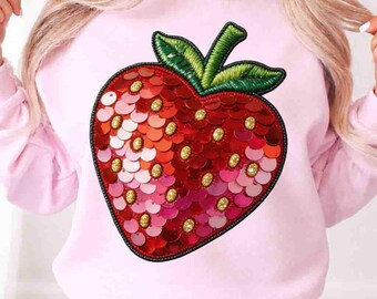 Sequin Strawberry PNG, Faux Embroidery Fruit Sublimation, Glitter Strawberry DTF, Patch Style Fruit Design, Summer Berry Apparel, Red Sequin