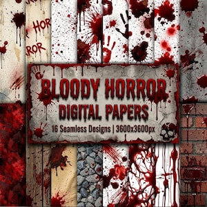 Peut inclure: Une collection de 16 papiers numériques sur le thème de l'horreur sanglante avec des éclaboussures de sang rouge, des empreintes de mains et des motifs de crânes sur des textures de brique, pierre et bois, avec le texte BLOODY HORROR DIGITAL PAPERS.
