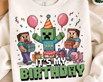 It’s My Birthday PNG, Gaming Birthday Party Design, Block Style Gamer Clipart, Kids Shirt Sublimation PNG Download