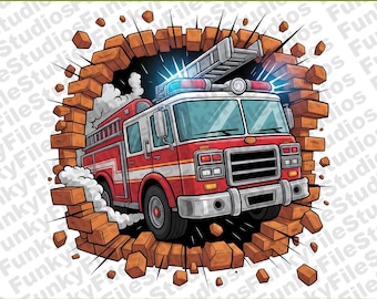 Fire Truck PNG Digital Download | 300 DPI Rescue Vehicle Art | Bold 3D Wall Break Clipart for Boys Crafts