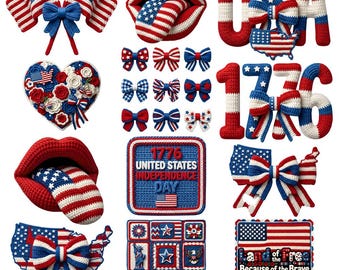 4th of July PNG Bundle – Faux Yarn USA Flag, Coquette Bow, Freedom, Independence Day 1776, American Mama, Land of the Free, Crochet & Knit