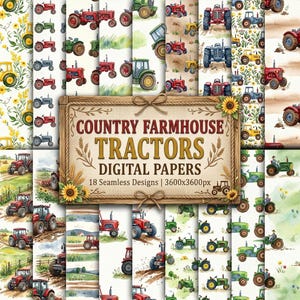 Puede incluir: Una colección de 18 papeles digitales con ilustraciones en acuarela de tractores rojos, verdes y azules en campos agrícolas, con girasoles y trigo. Un letrero de madera central muestra el texto COUNTRY FARMHOUSE TRACTORS DIGITAL PAPERS.