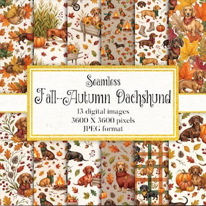 Puede incluir: Una colección de patrones digitales con perros salchicha en varios entornos otoñales con calabazas, hojas, bellotas y hogueras. El texto dice Seamless Fall-Autumn Dachshund, 13 imágenes digitales, 3600 X 3600 píxeles, formato JPEG.