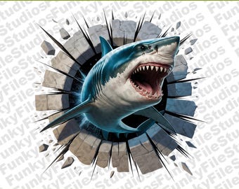 Angry Shark Clipart PNG | 3D Wall Break Digital Download | Ocean Animal Printable | Kids Room Decor | High-Quality Shark Art