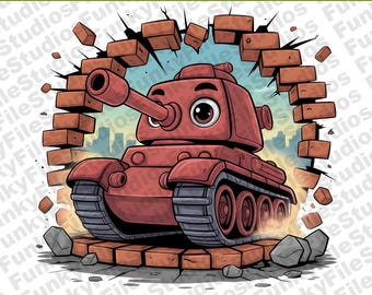 Cute Cartoon Tank PNG | Military Vehicle Clipart 300 DPI | Fun 3D Wall Break Digital Design for Boys