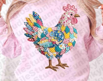 Cottagecore Patchwork Chicken PNG, Quilted Farmhouse Hen Sublimation, Floral Country Kitchen Design, Junk Journal Clipart, Digital Download