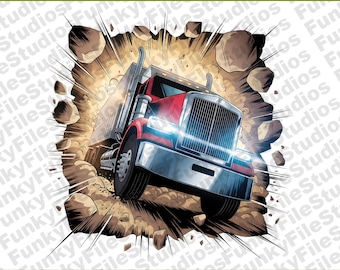 Big Rig Truck Clipart | 3D Wall Break PNG Download | Trucking Wall Art | Semi Truck with Rocks | Instant Digital File for Kids Room
