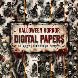 May include: A collection of Halloween horror digital papers featuring 45 seamless designs. The central text reads HALLOWEEN HORROR DIGITAL PAPERS 45 Designs | 3600x3600px | Seamless. The background displays various horror characters and motifs.