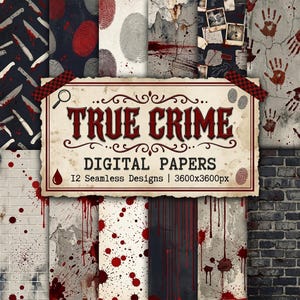 Può includere: Una collezione di dodici carte digitali a tema true crime, inclusi motivi con coltelli insanguinati, impronte digitali, impronte di mani rosse, muri di mattoni e foto di prove. L'etichetta centrale riporta il testo TRUE CRIME DIGITAL PAPERS.